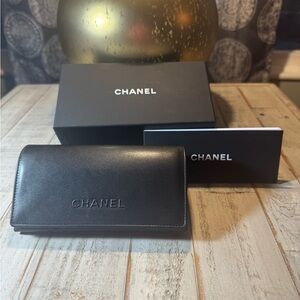 NEW CHANEL Black Leather Glasses Case with Embossed Logo